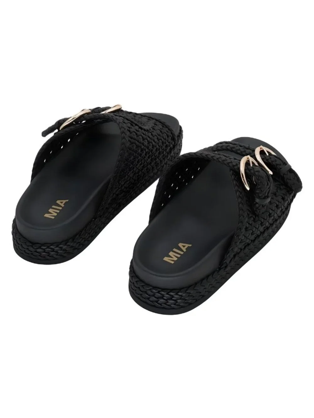 MIA Womens Trendy Woven Double Buckle Black Platform Slide Sandals Size 7.5M